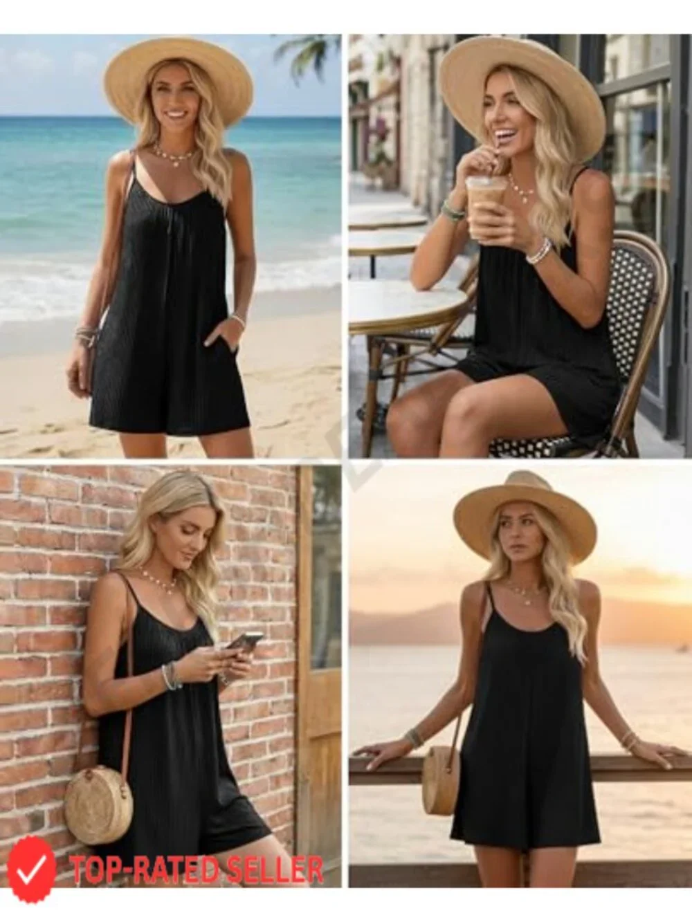 Women's Sleeveless Ribbed Romper Jumpsuit with Pockets Adjustable Strap Summer